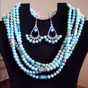 Handmade 5 Strand pearl necklace with cloisonné beads & matching dangle earrings